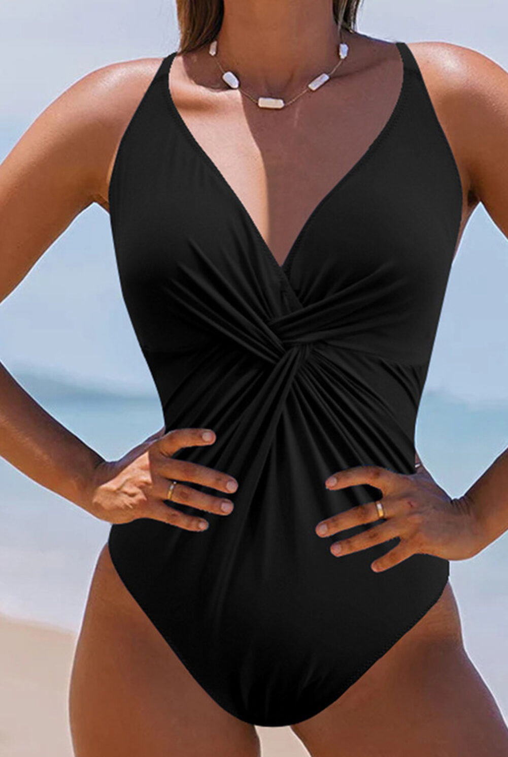 Black V Neck Twist Ruched Crisscross Backless One-Piece Swimsuit