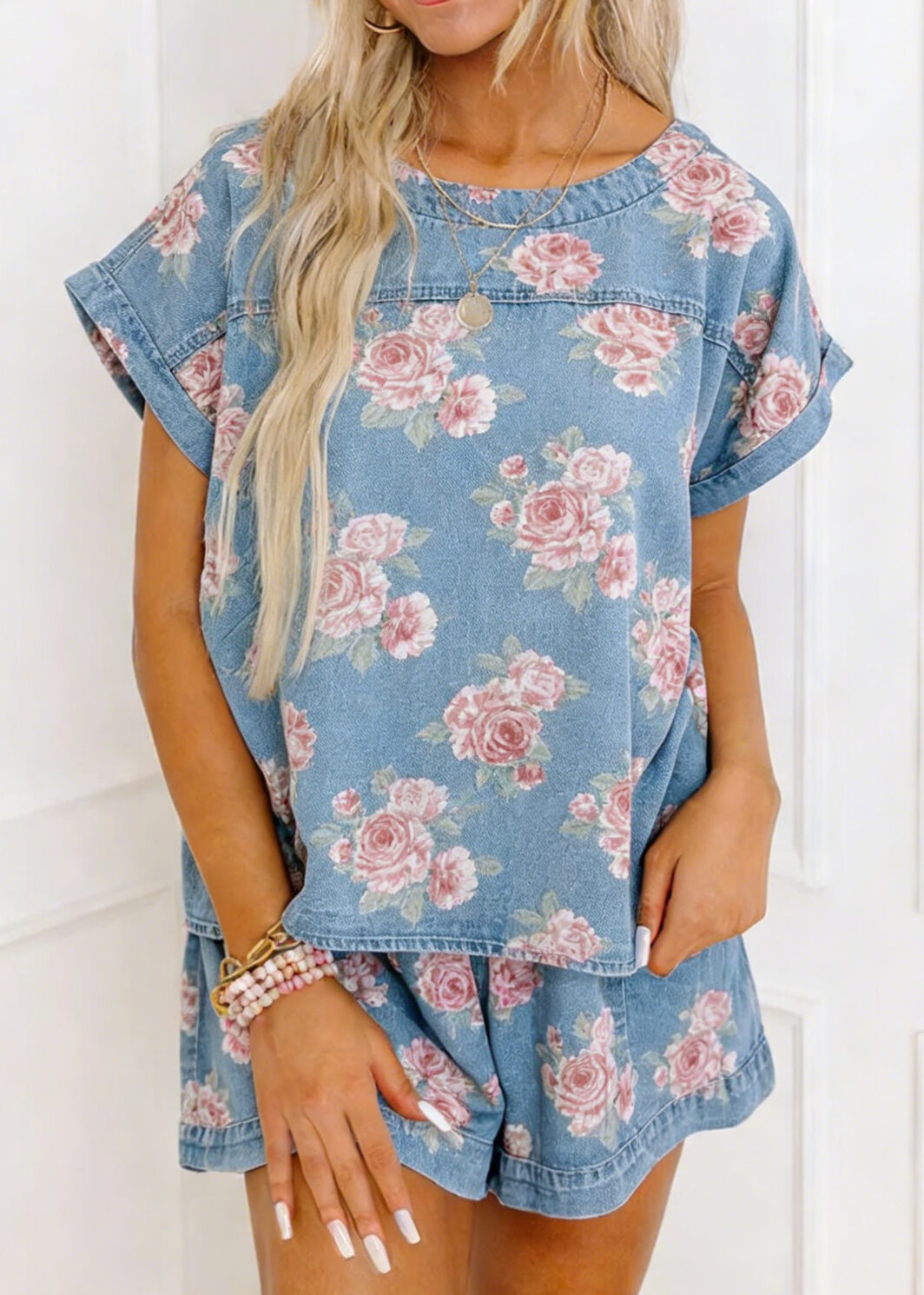 Sky Blue Floral Denim Short Sleeve Top Loose Shorts 2pcs Set