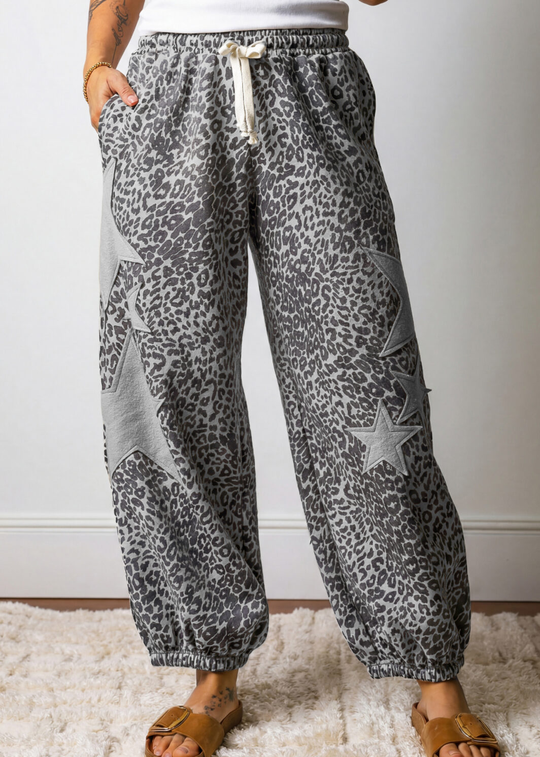 Gray Leopard Print Star Patched Drawstring Elastic Waist Jogger Pants