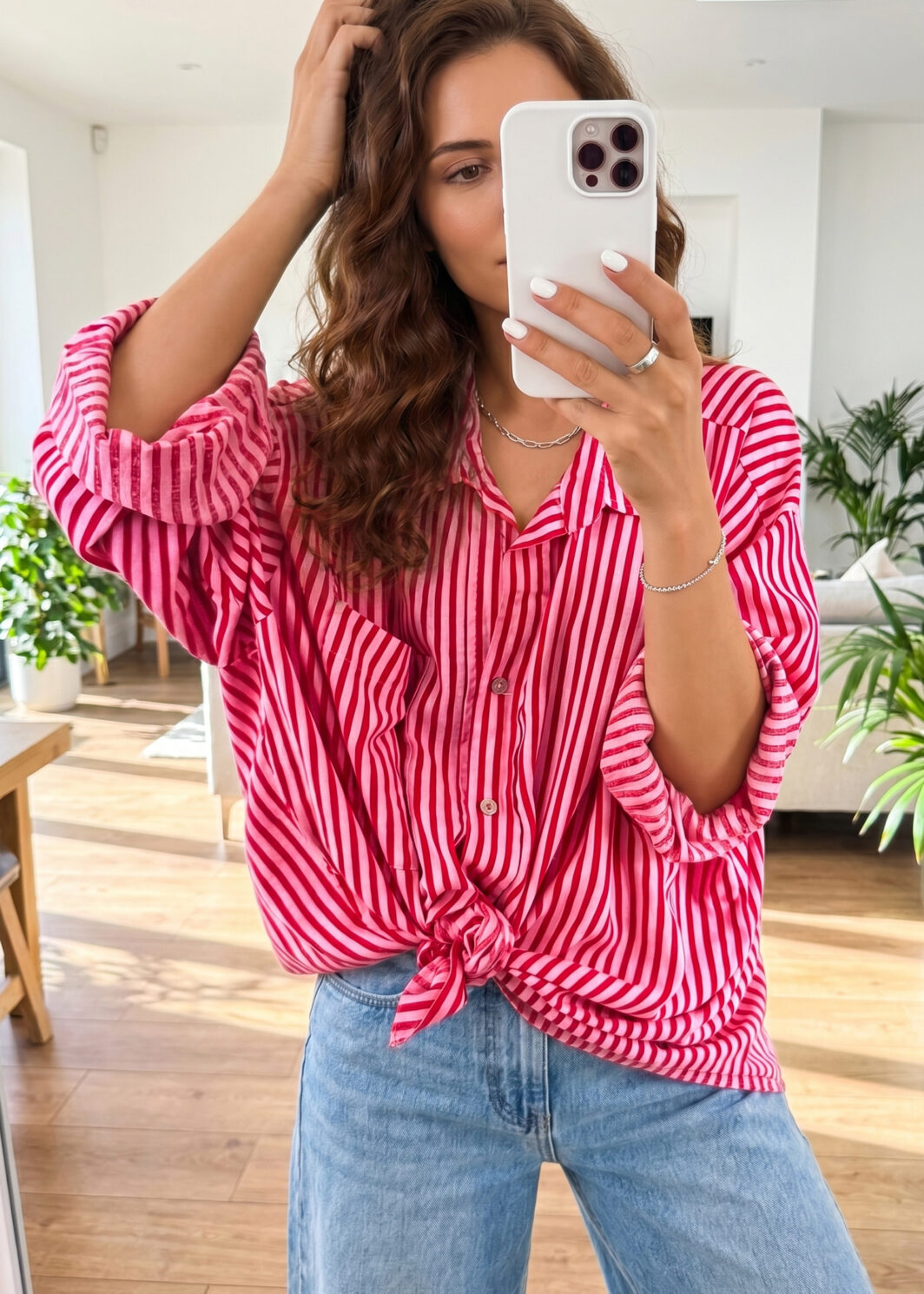 Red Stripe Button-Up Shirt Long Sleeve Patch Pocket Casual Shirt