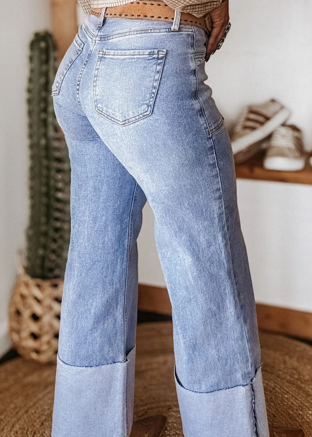 Beau Blue Turn-up Cuffs Womens Loose Jeans