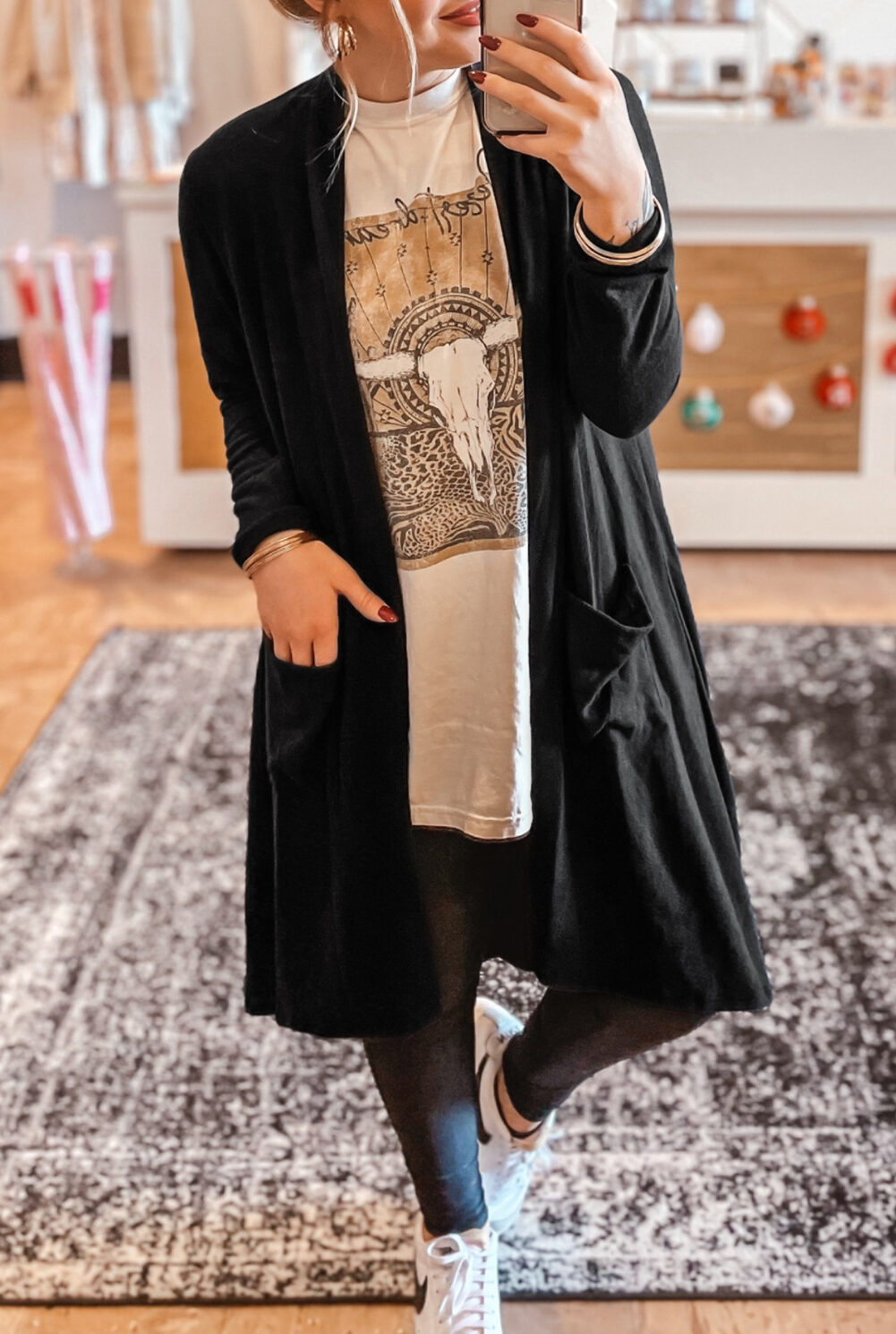 Black Solid Color Open Front Cardigan with Pocket
