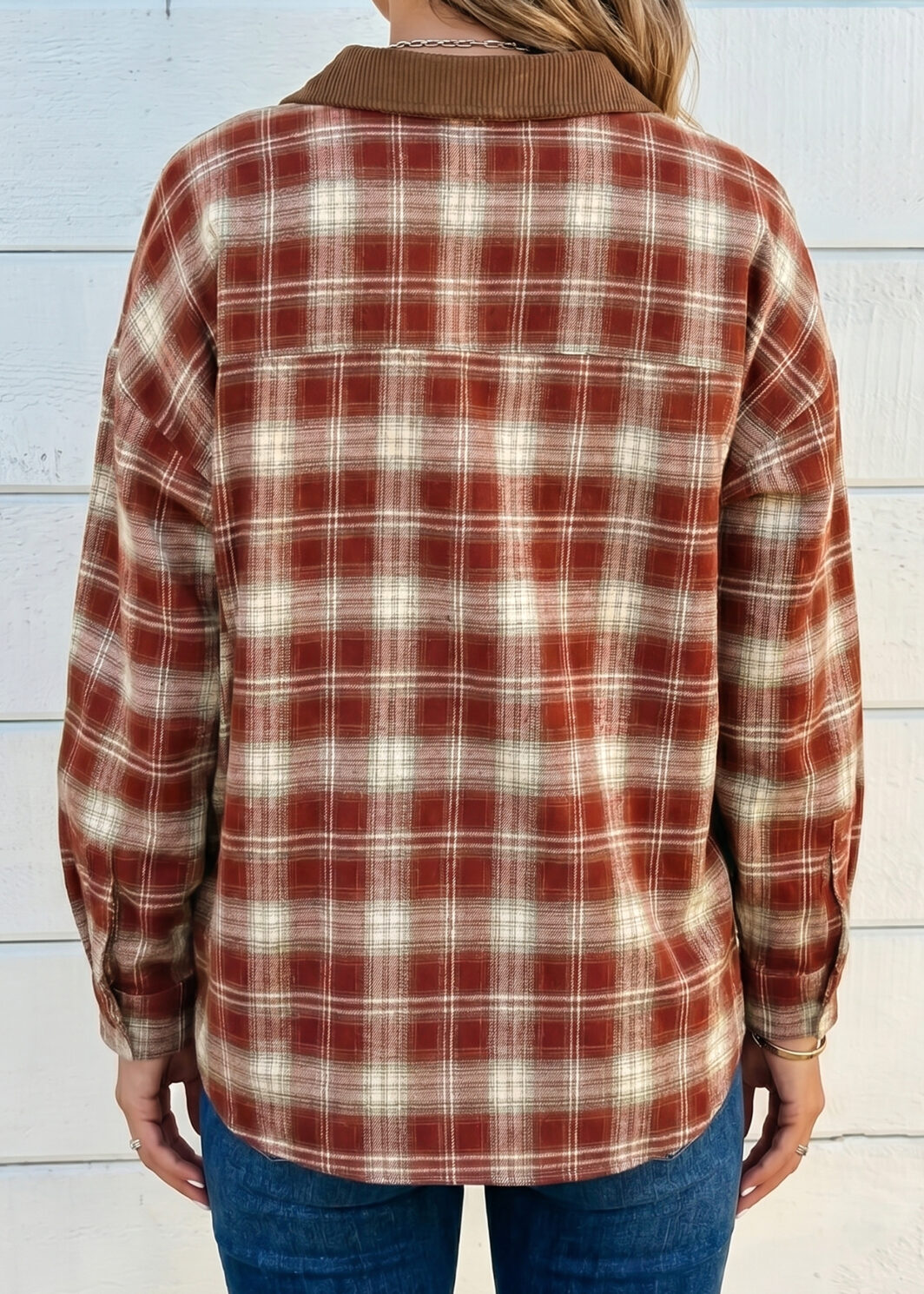 Red Contrast Plaid Long Sleeve Button Down Shirt