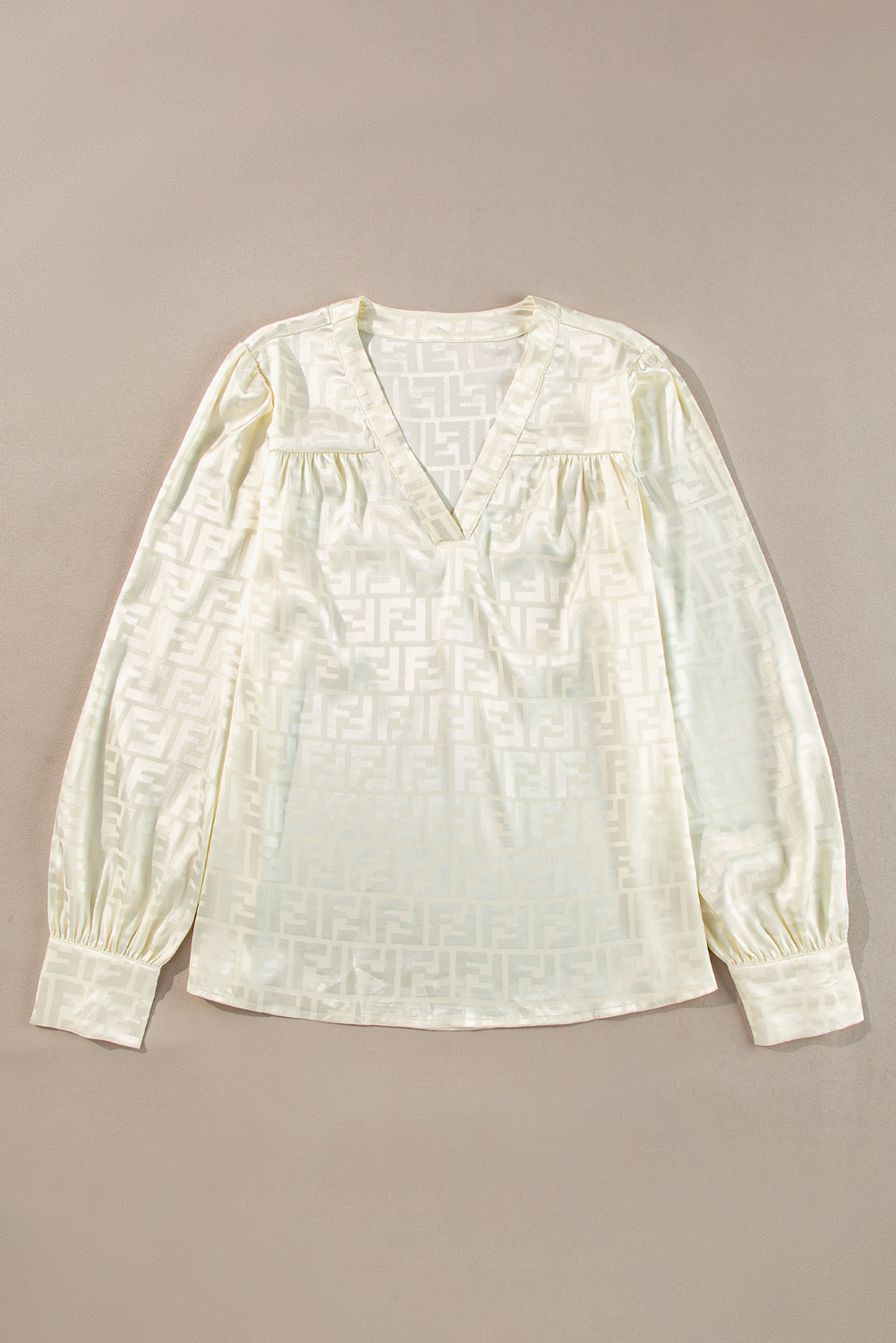 Oatmeal Geometric Jacquard V Neck Bishop Sleeve Blouse