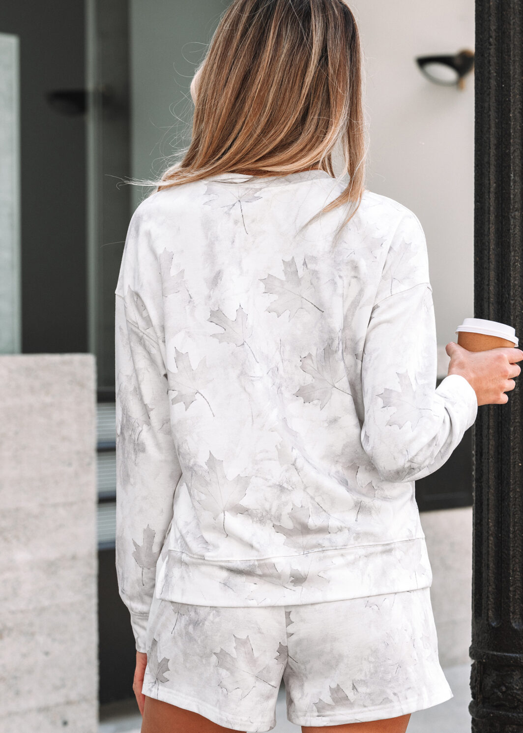 Beige Maple Camo Print Pullover Top and Elastic Waist Casual Short Set