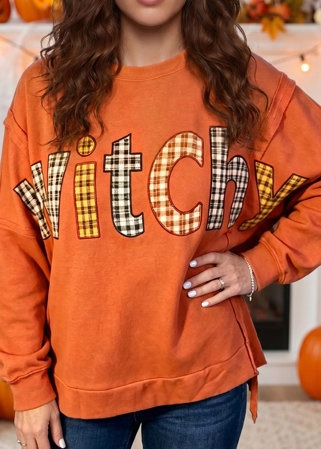 Flamingo Halloween Witchy Plaid Slogan Embroidered Patch Tunic Sweatshirt