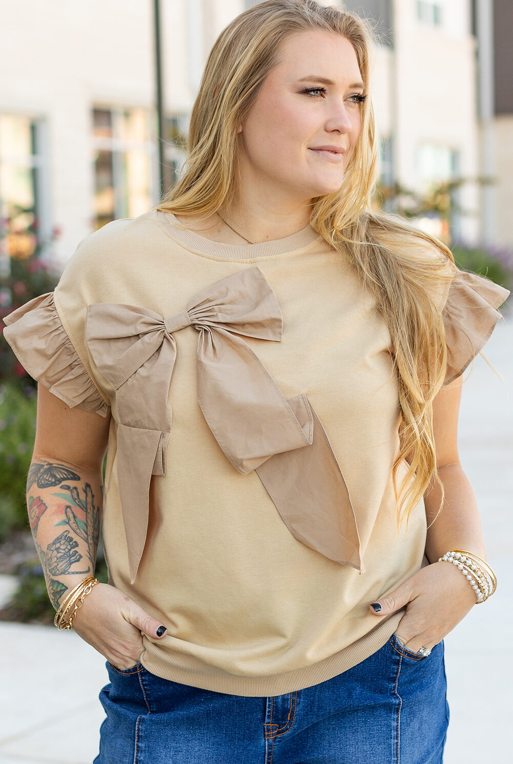 Parchment Ruffled Short Sleeve Bowknot Applique Crew Neck Plus Size Top