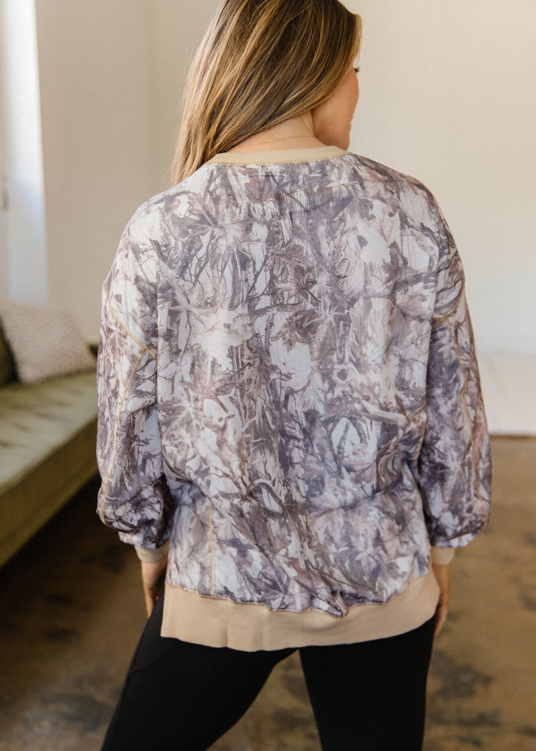 Khaki Abstract Camo Print Colorblock Trim Side Split Tunic Sweatshirt