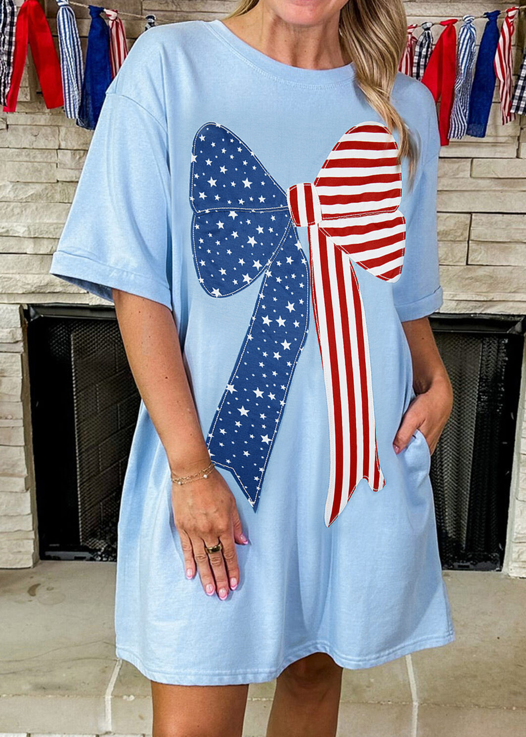Beau Blue Patriotic Big Bow Stitched T Shift Mini Dress
