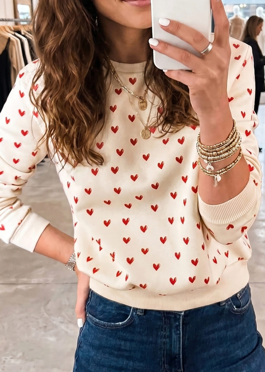 Beige Heart Print Round Neck Long Sleeve Regular Fit Sweatshirt