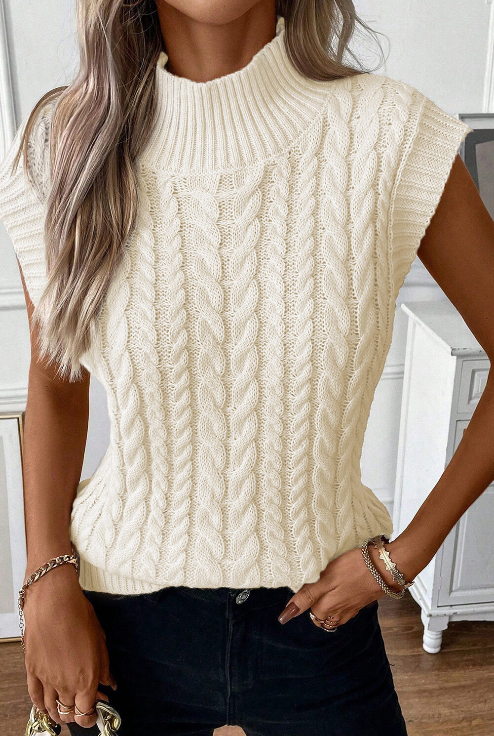 Oatmeal Cable Knit High Neck Sweater Vest