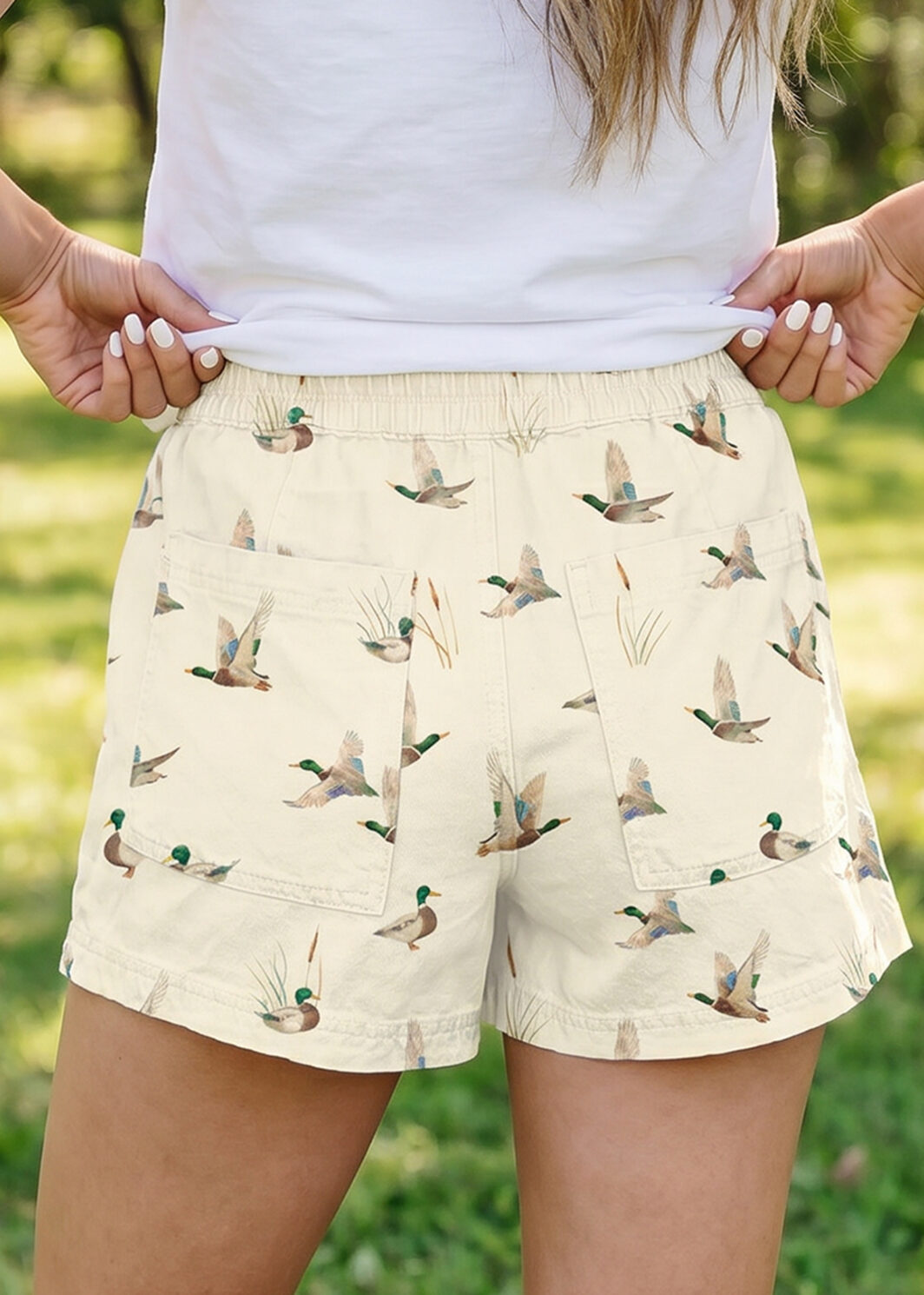 Beige Wild Duck Mallard Printed Drawstring Denim Shorts