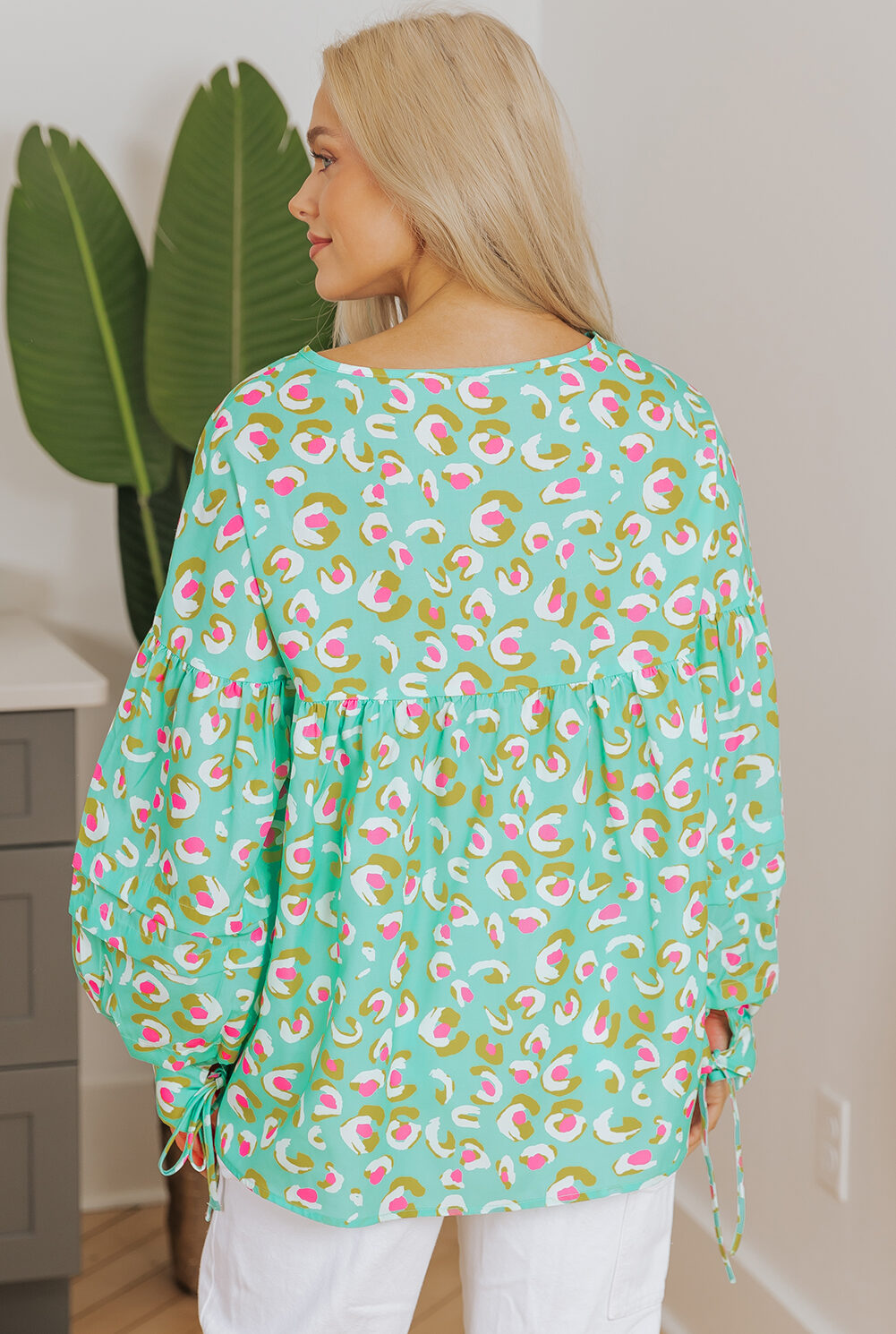 Green Abstract Printed Lace-up Lantern Sleeve Babydoll Blouse