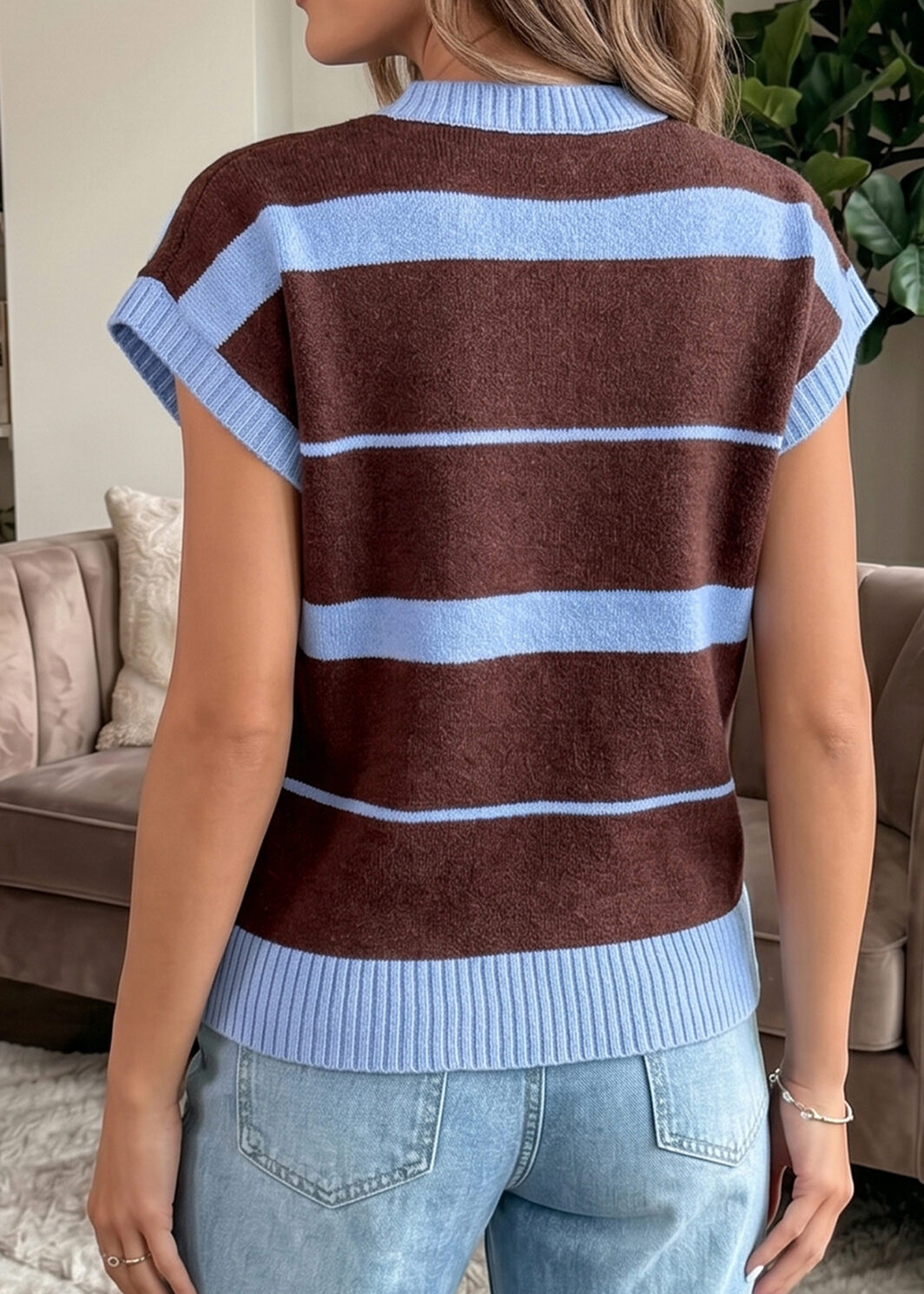Sky Blue Stripe Striped Short Sleeve Round Neck Casual Knit Top