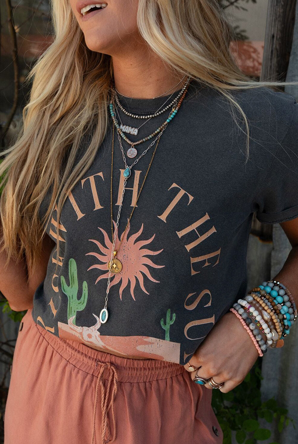 Dark Grey RISE WITH THE SUN Western Fashion Graphic Tee