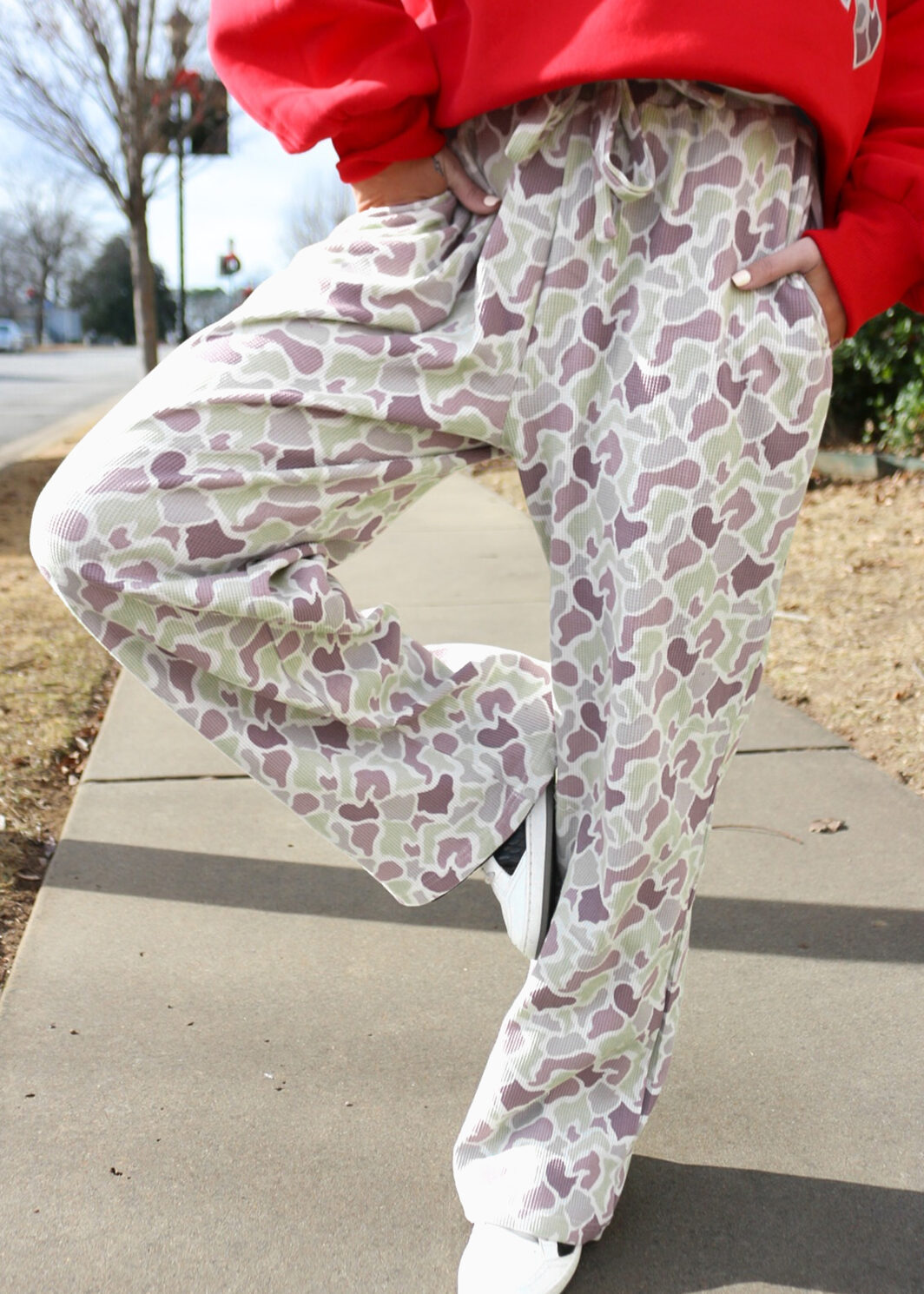 Green Camo Print Drawstring Waist Loose Fit Full Length Pants