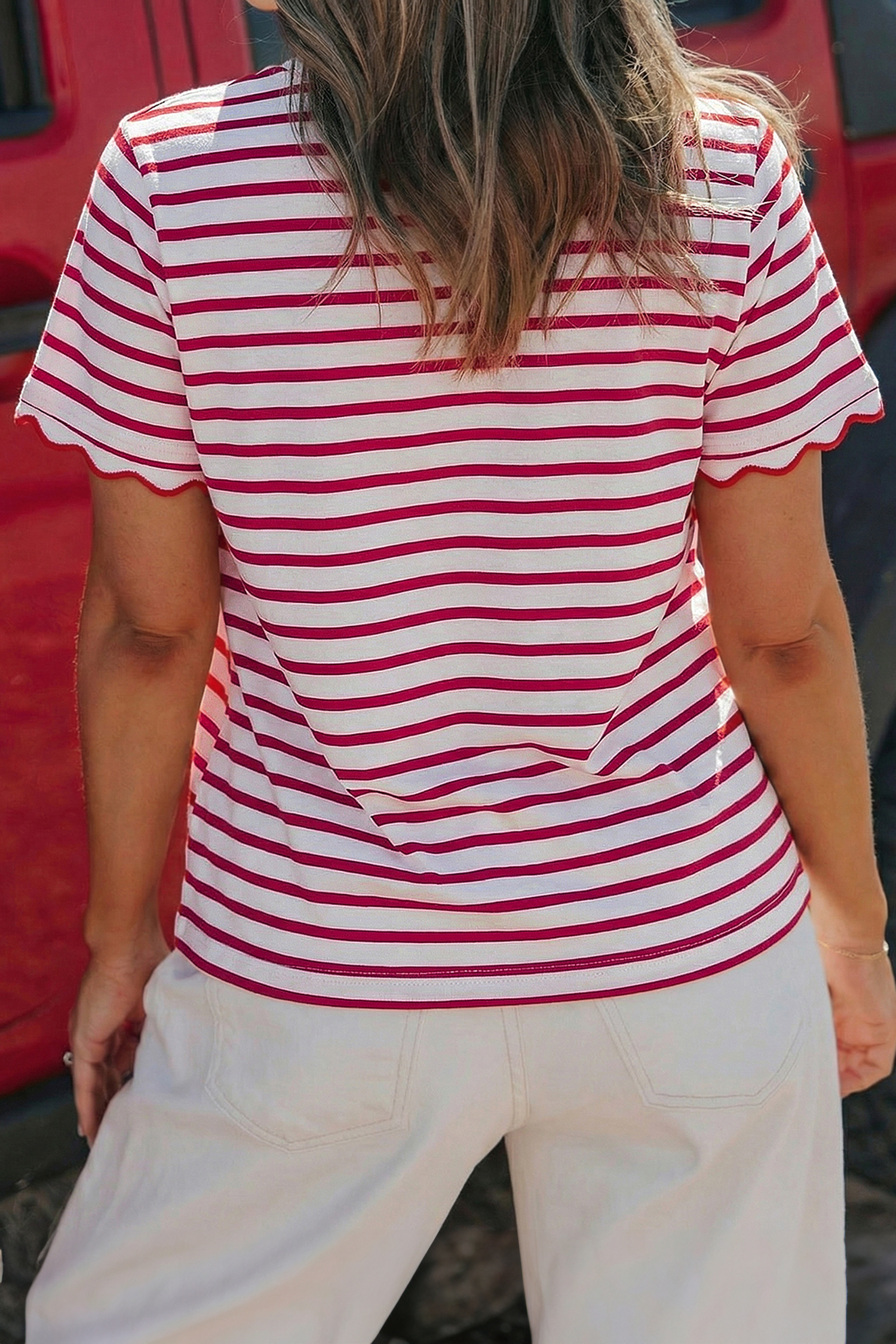 Green Stripe Scalloped Trim Round Neck T Shirt