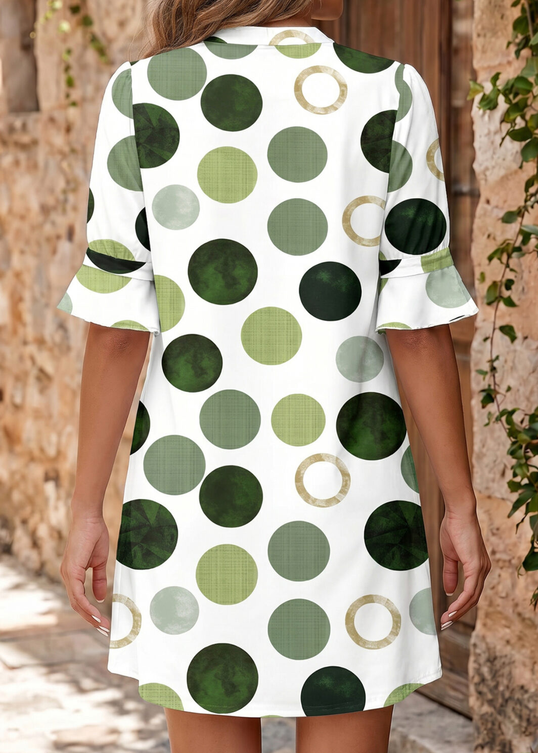 Green Polka Dot Print Flounced Half Sleeve Casual Vacation Style Mini Dress