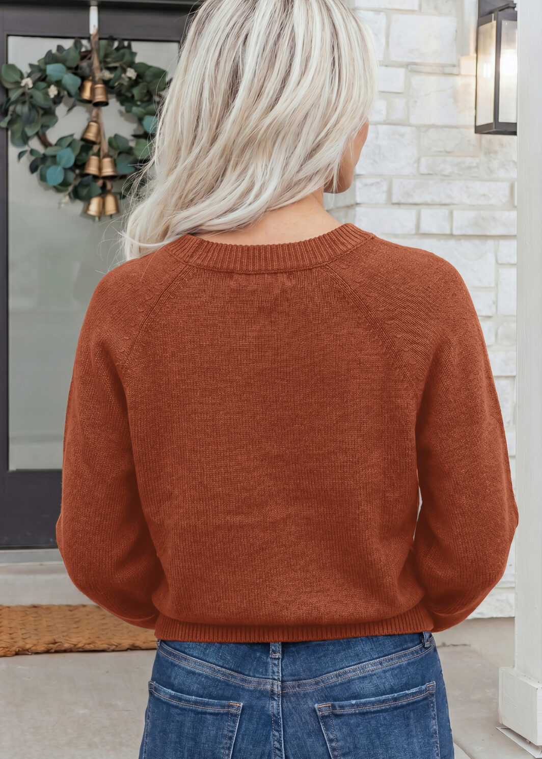 Coffee Ribbed Knit Round Neck Short Sleeve Sweater