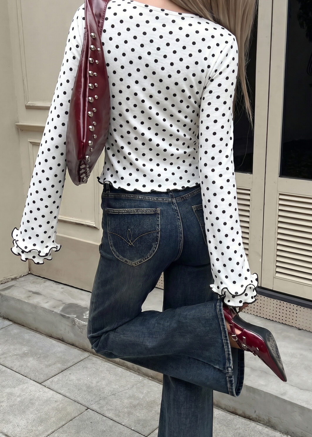 Black Polka Dot Print Lettuce Trim Long Sleeve Top
