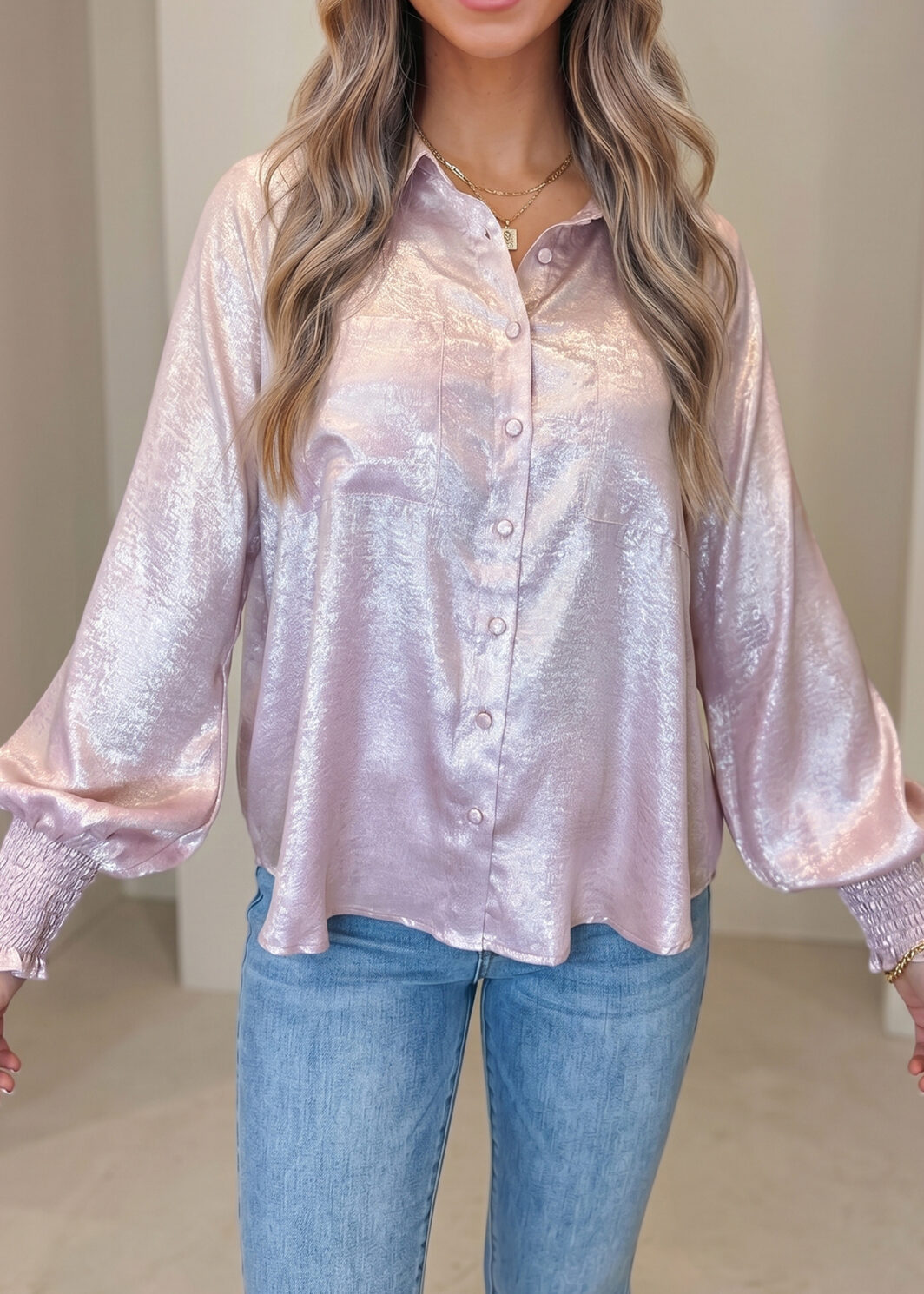 Delicacy Long Sleeve Button Front Ruffle Cuffs Back Paneling Shirt