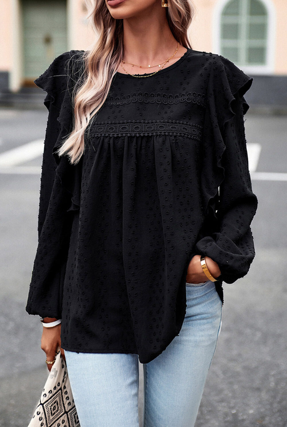 Black Lace Eyelet Ruffle Shoulder Long Sleeve Blouse