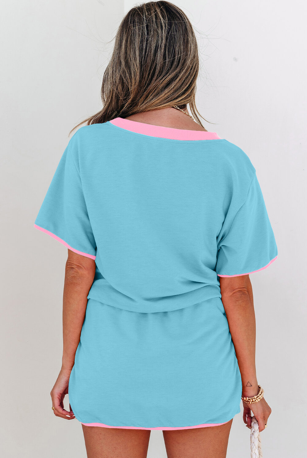 Turquoise Colorblock Edge Drop Shoulder T Shirt and Skort 2Pcs Set