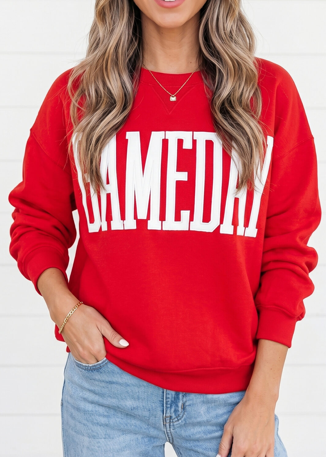 Fiery Red GAMEDAY Embroidered Patch Pattern Casual Shift Sweatshirt