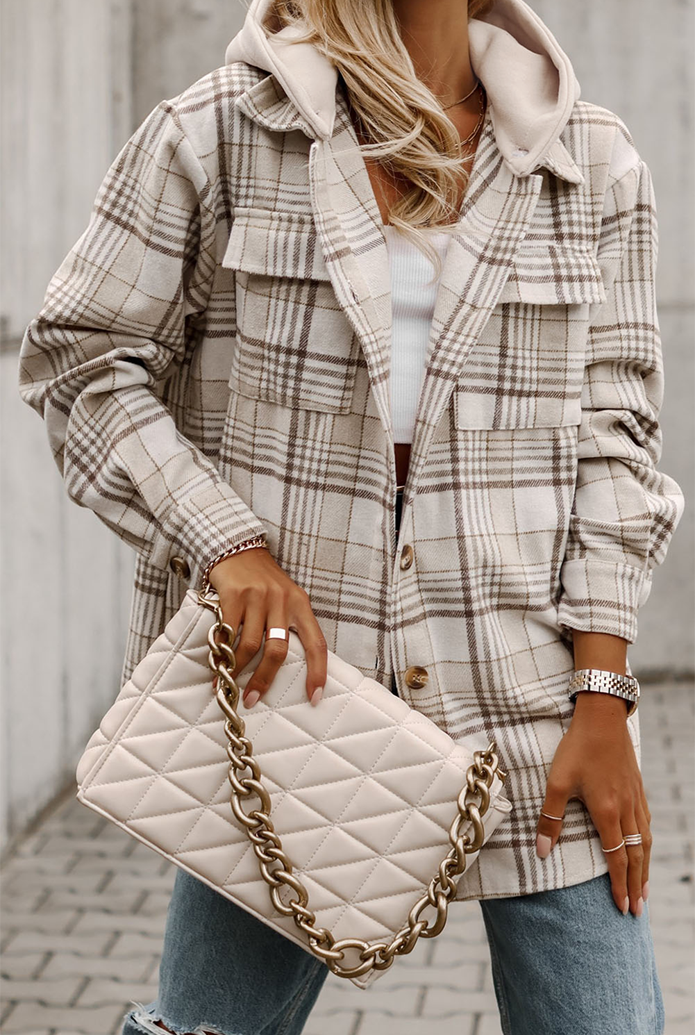 Khaki Plaid Removable Hood Buttoned Shacket