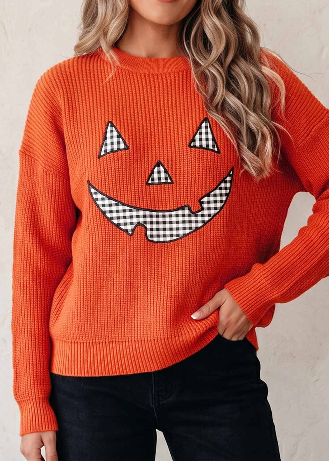 Orange Drop Shoulder Long Sleeve Round Neck Halloween Sweater