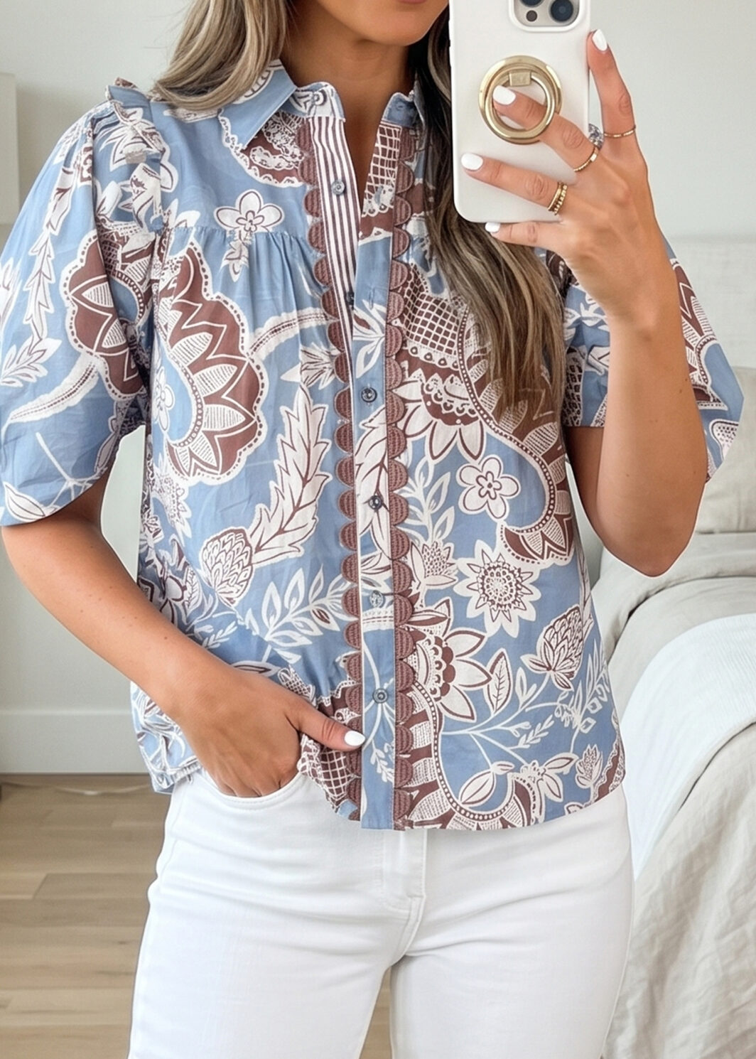 Sky Blue Boho Floral Print Scalloped Trim Button Down Short Sleeve Shirt