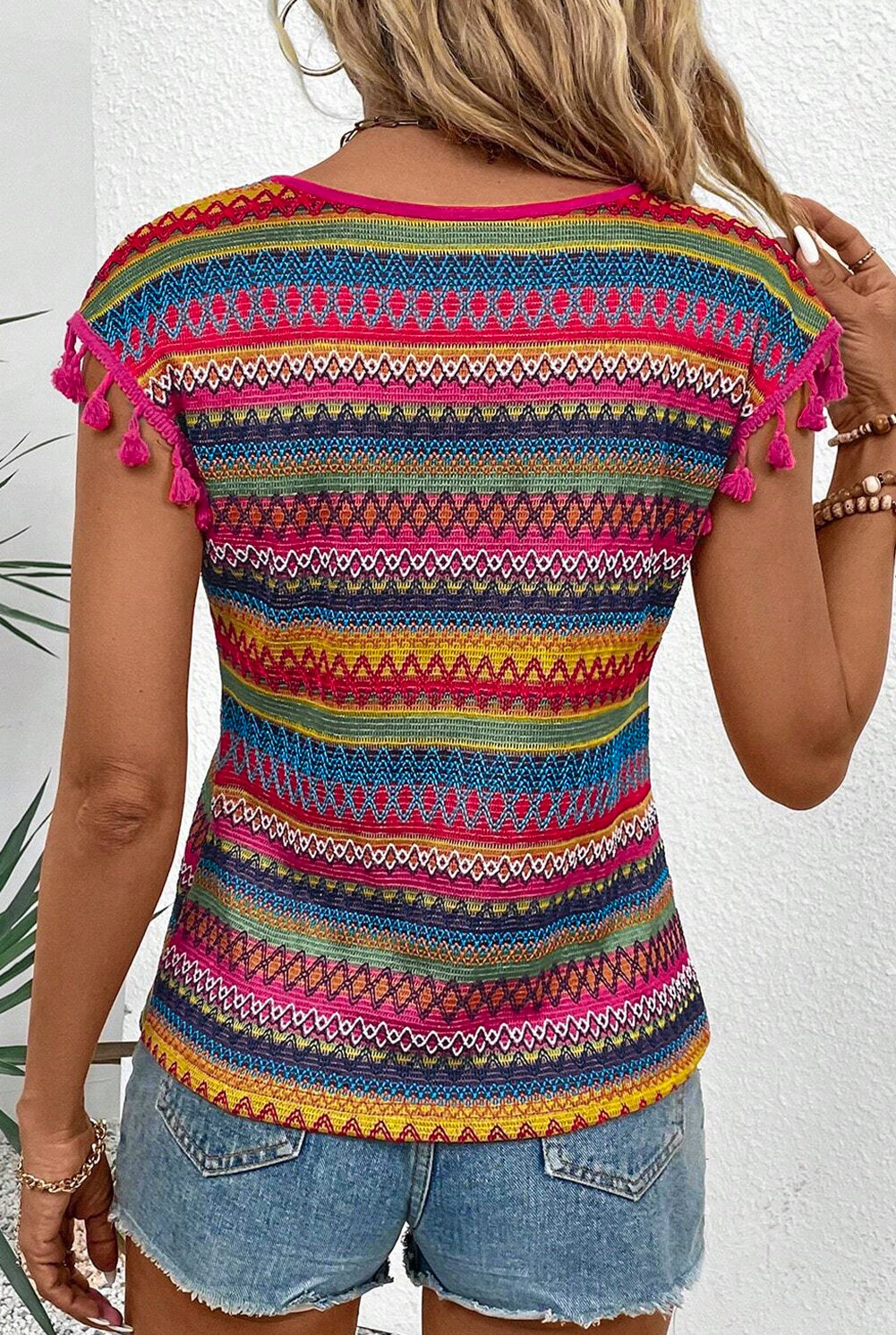 Rose Red Jacquard Textured Tasseled Cap Sleeve Top