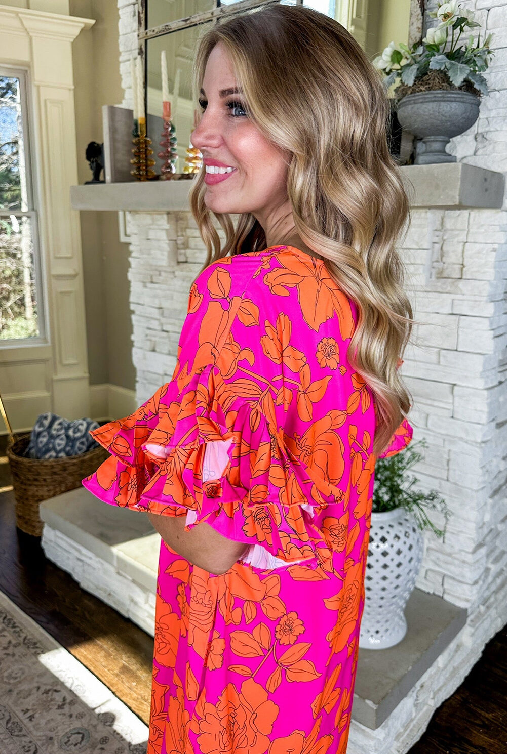 Pink Voluminous Ruffled Sleeve Floral Dress