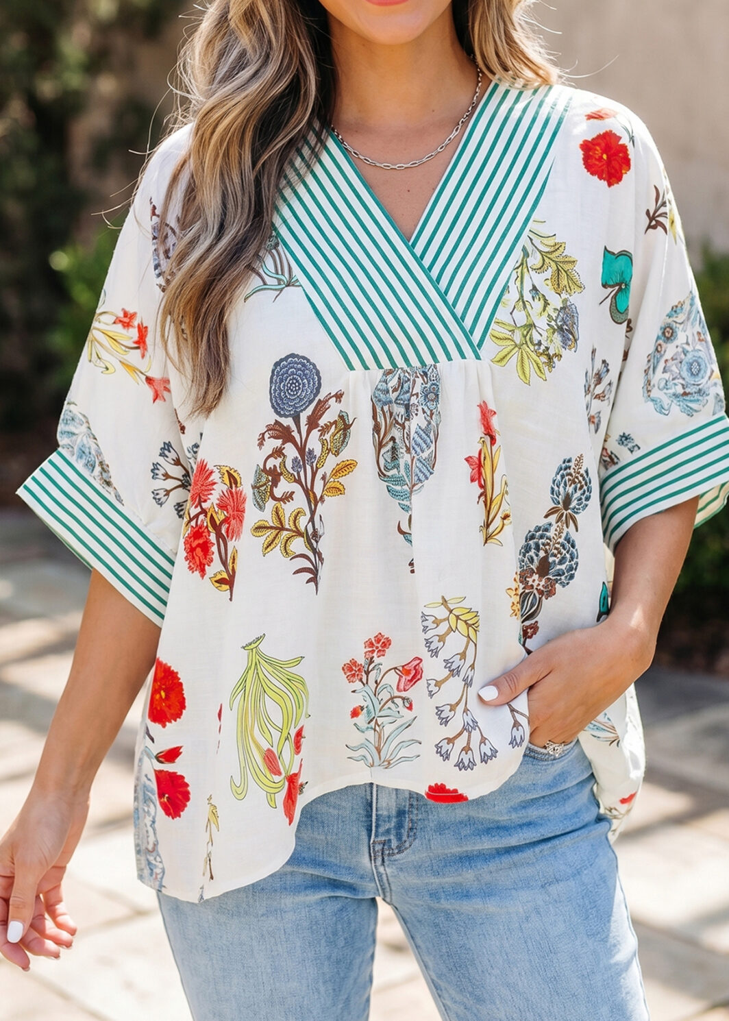 Beige Floral Print Striped Contrast Trim V Neck Half Sleeve Blouse