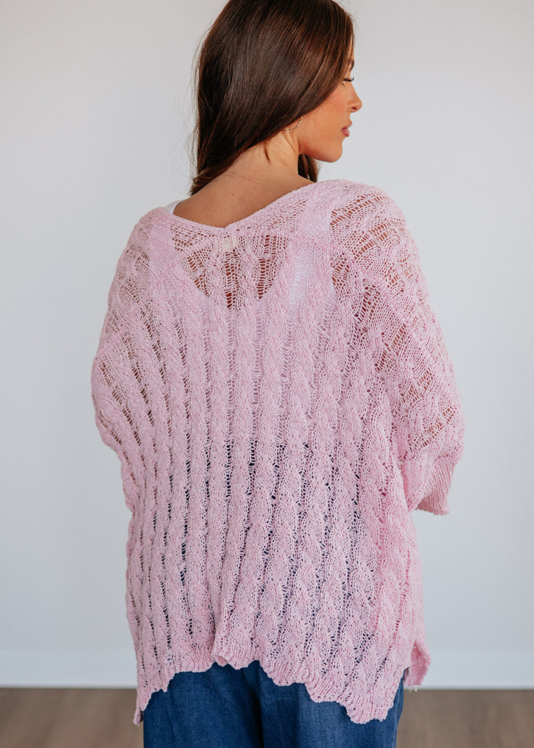 Pink Drop Shoulder Crochet Knit Open Front Cardigan