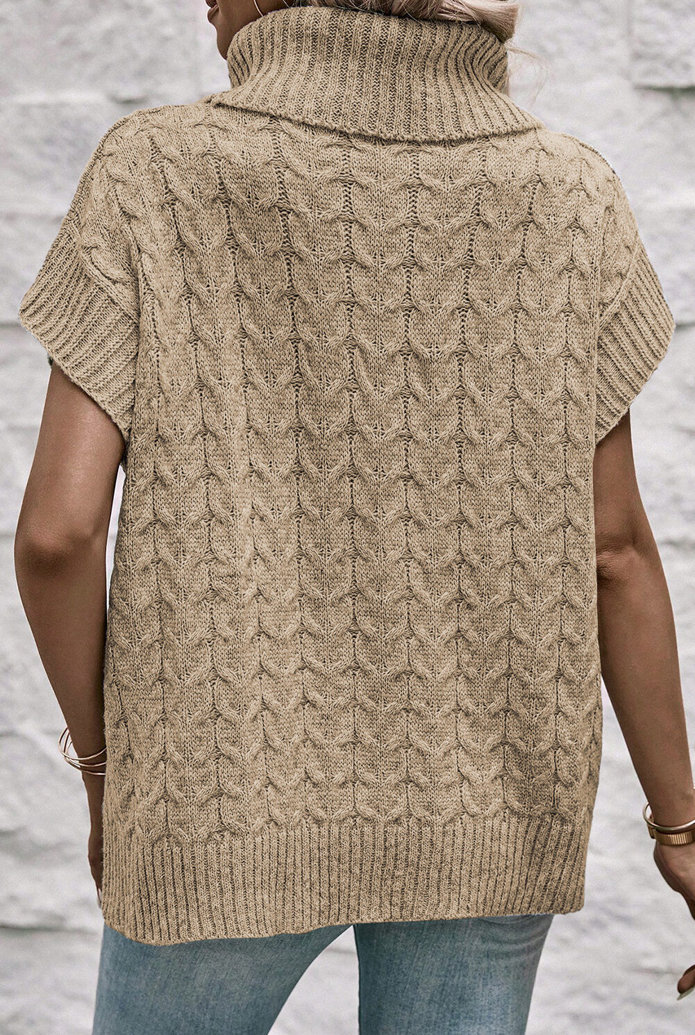 Light French Beige Cable Knit Turtleneck Batwing Sleeve Sweater