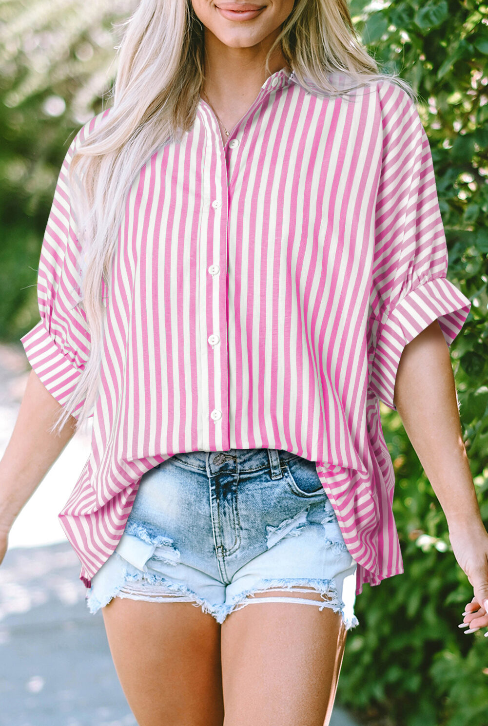 Pink Stripe Dolman Sleeve Oversize Shirt