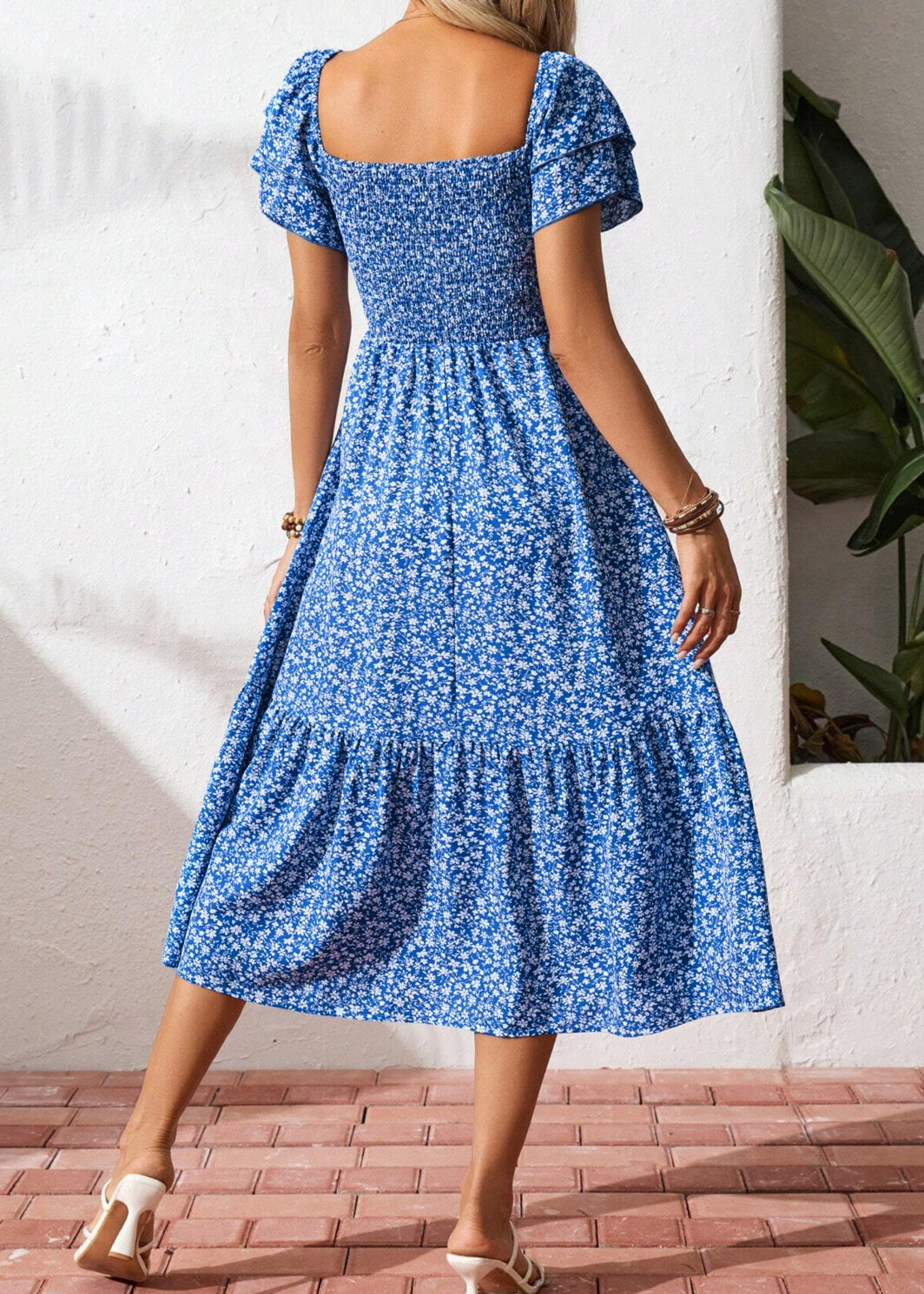 Blue Ditsy Floral Print Smocked Square Neck Ruffle Short Sleeve Dress