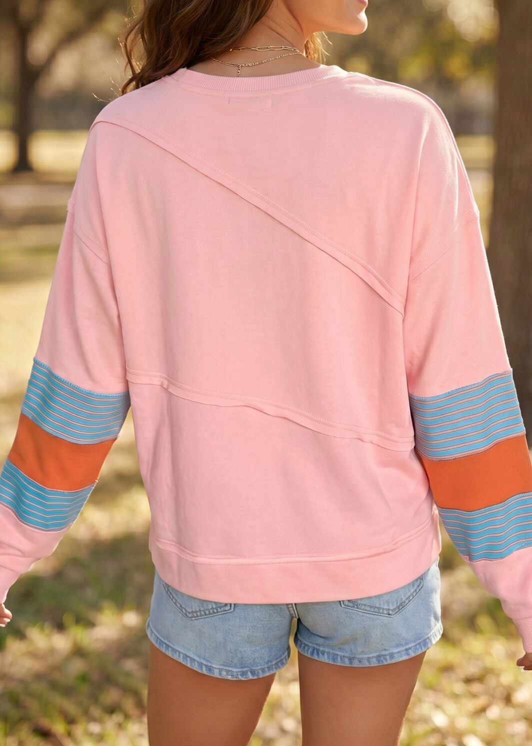 Pink Colorblock Striped Patchwork Long Sleeve Round Neck Blouse