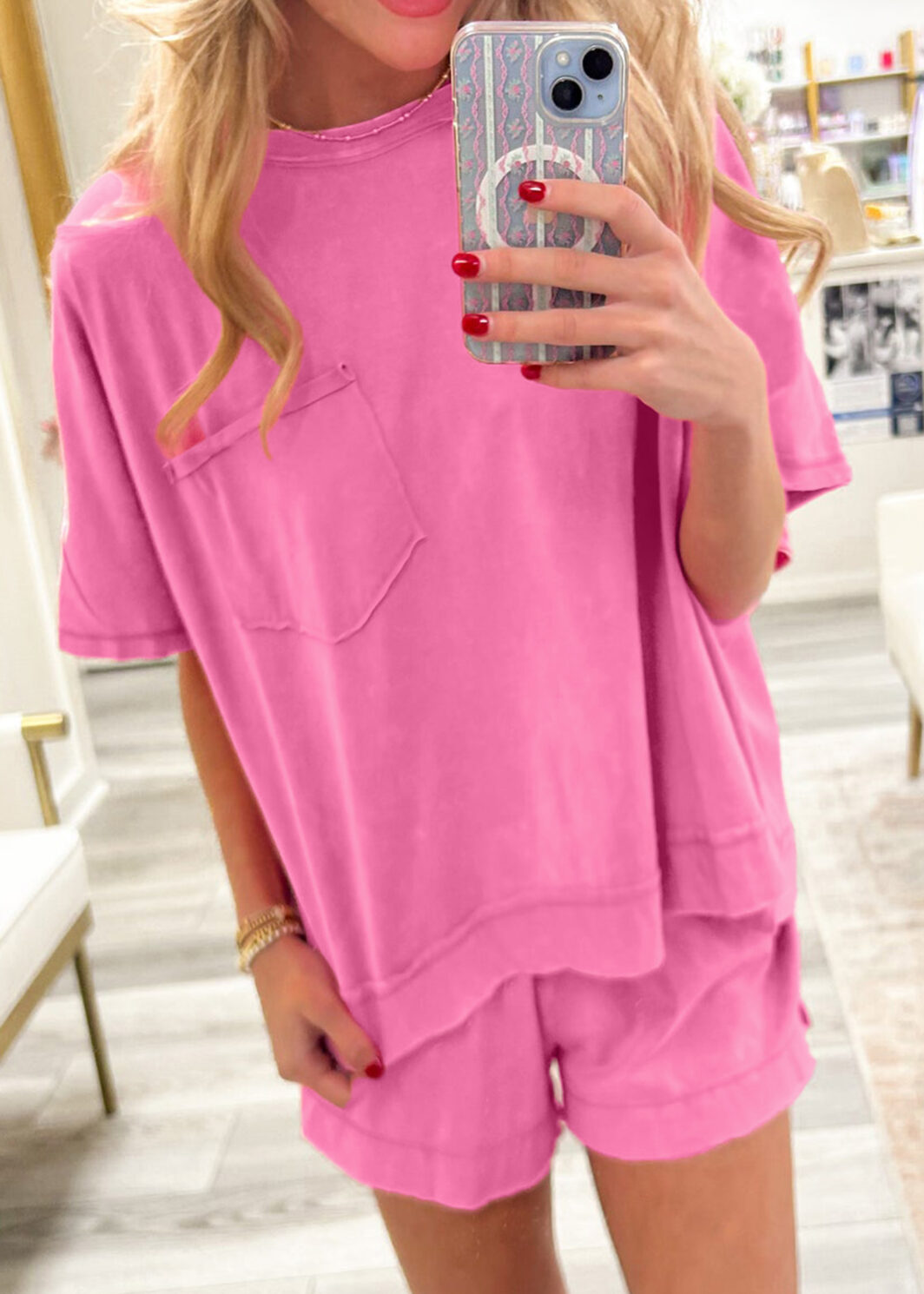 Strawberry Pink Raw Edge Patch Pocket Oversized Top and Shorts Set