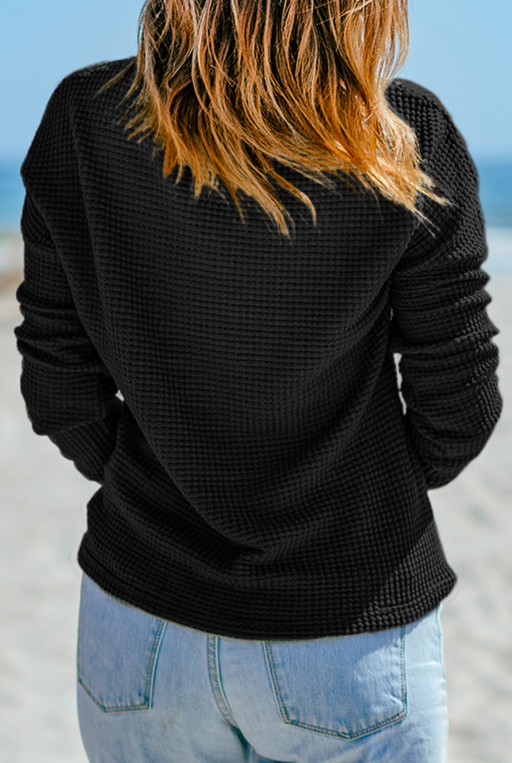 Black Waffle Knit Drop Shoulder Long Sleeve Top