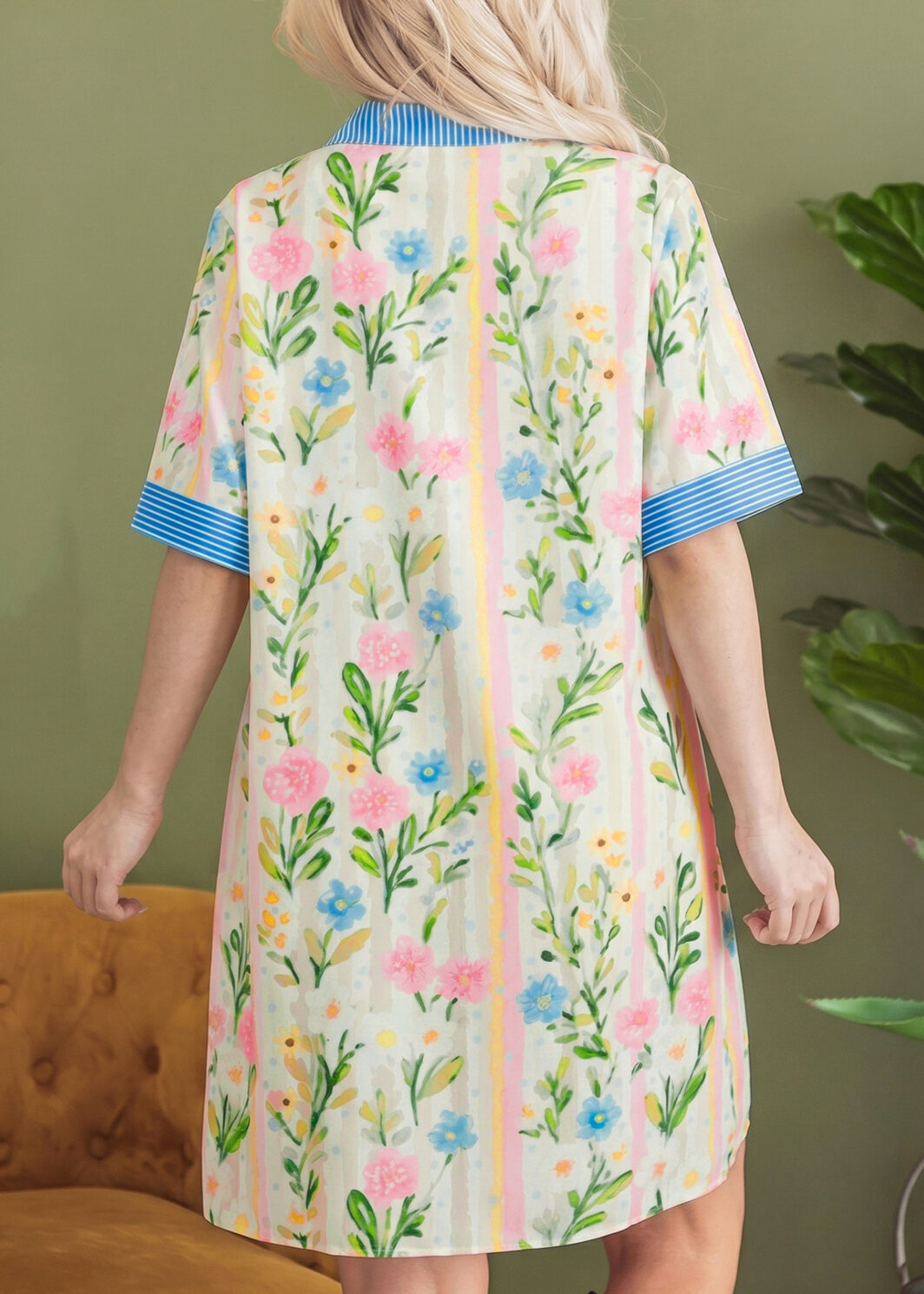 Multicolour Floral Print Striped Trim Button Down Shift Dress
