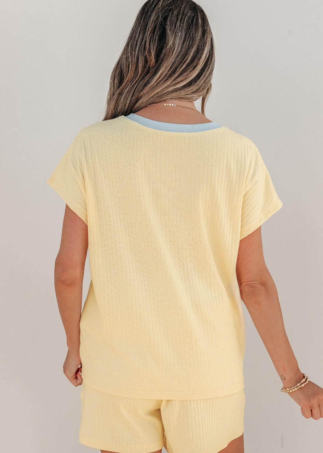 Yellow Cream Ribbed Knit Two Piece Set Sequin Horse Patched Casual Short Set