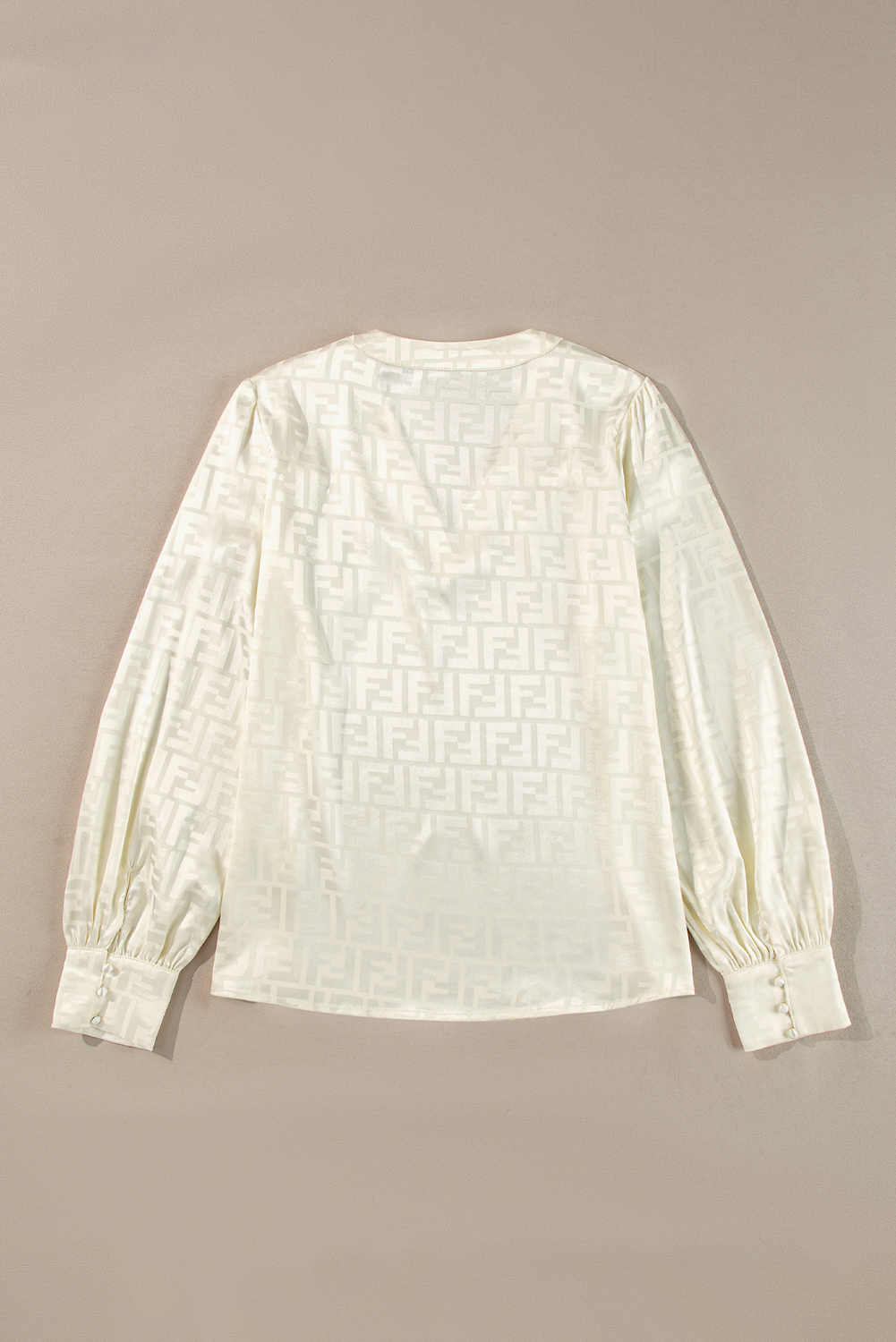 Oatmeal Geometric Jacquard V Neck Bishop Sleeve Blouse