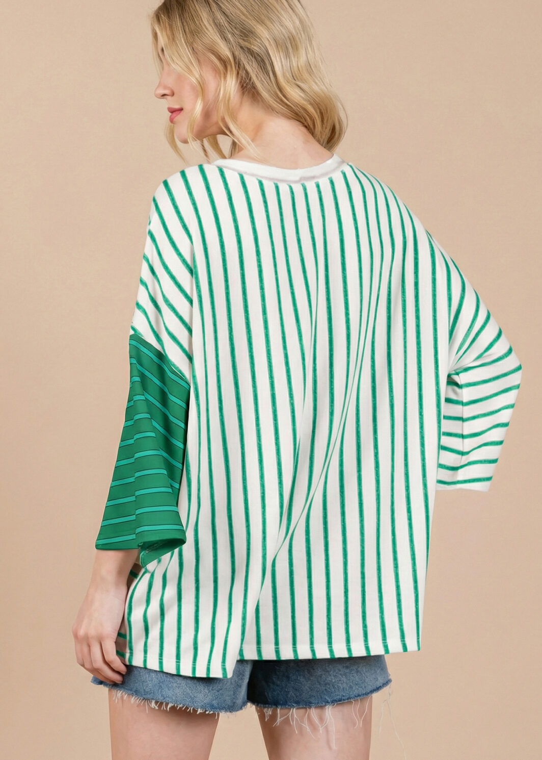 Green Stripe Colorblock 3/4 Sleeve Loose T Shirt
