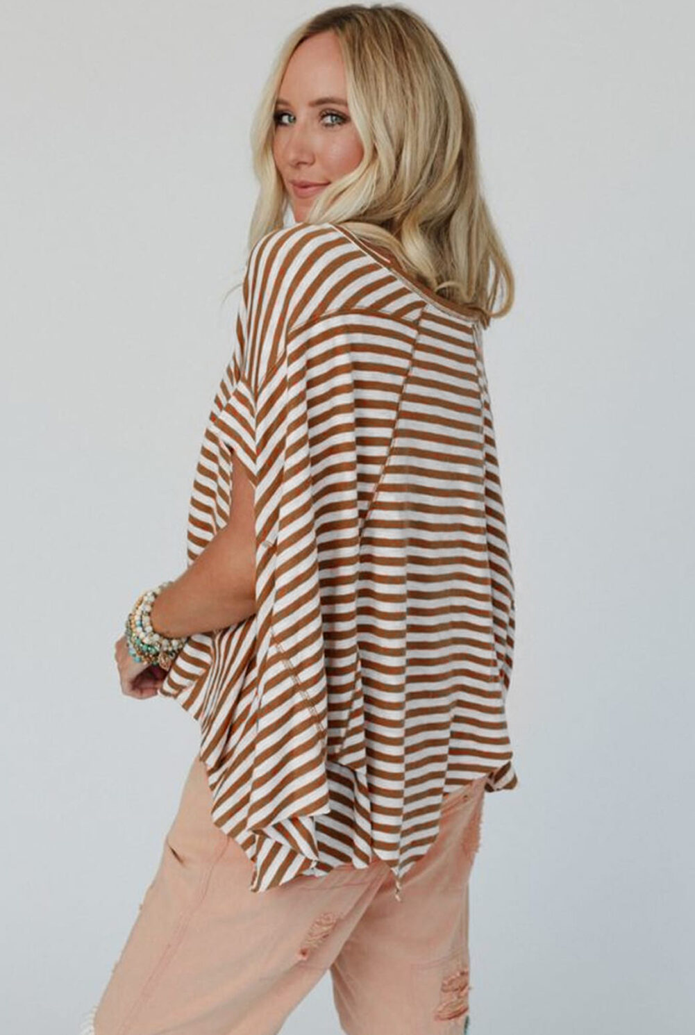 Khaki Stripe Batwing Sleeve Crewneck Oversized Top