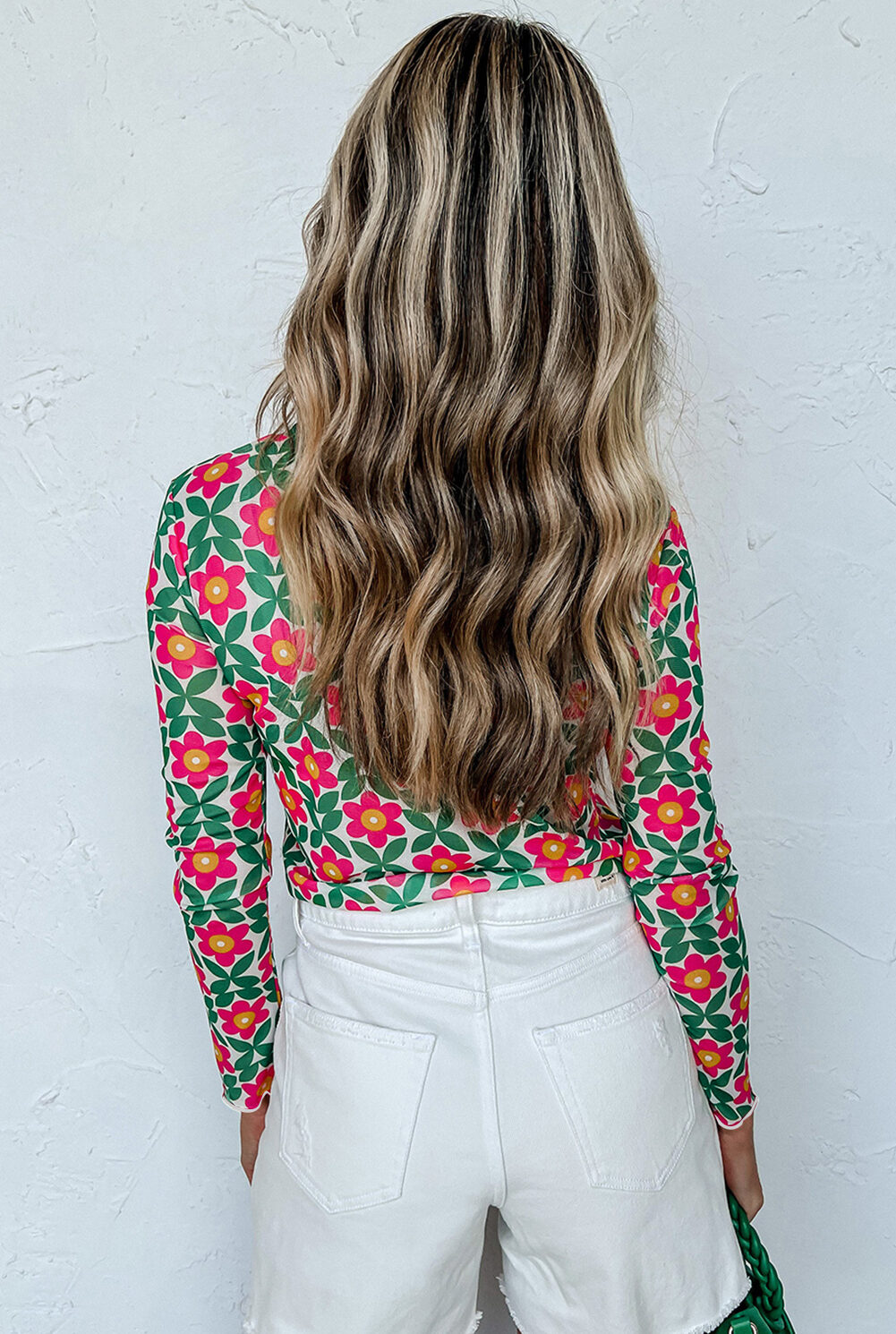 Fiery Red Retro Floral Print Stretchy Long Sleeve Top