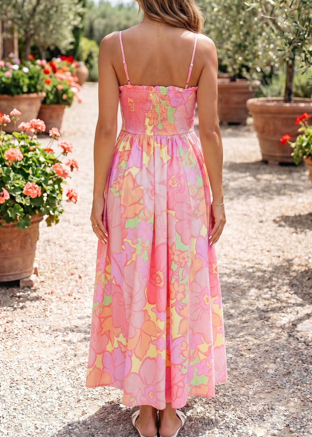 Pink Spaghetti Straps Floral Shirred High Waist Dress