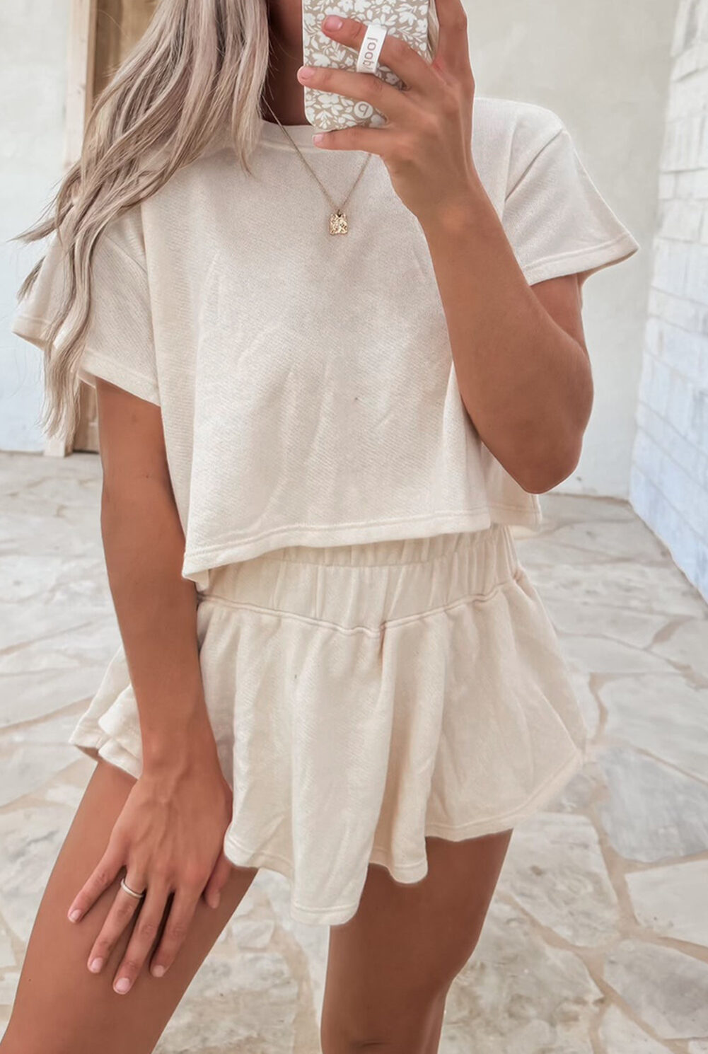 Beige 2pcs Cropped Tee and Ruffle High Waist Skort Set