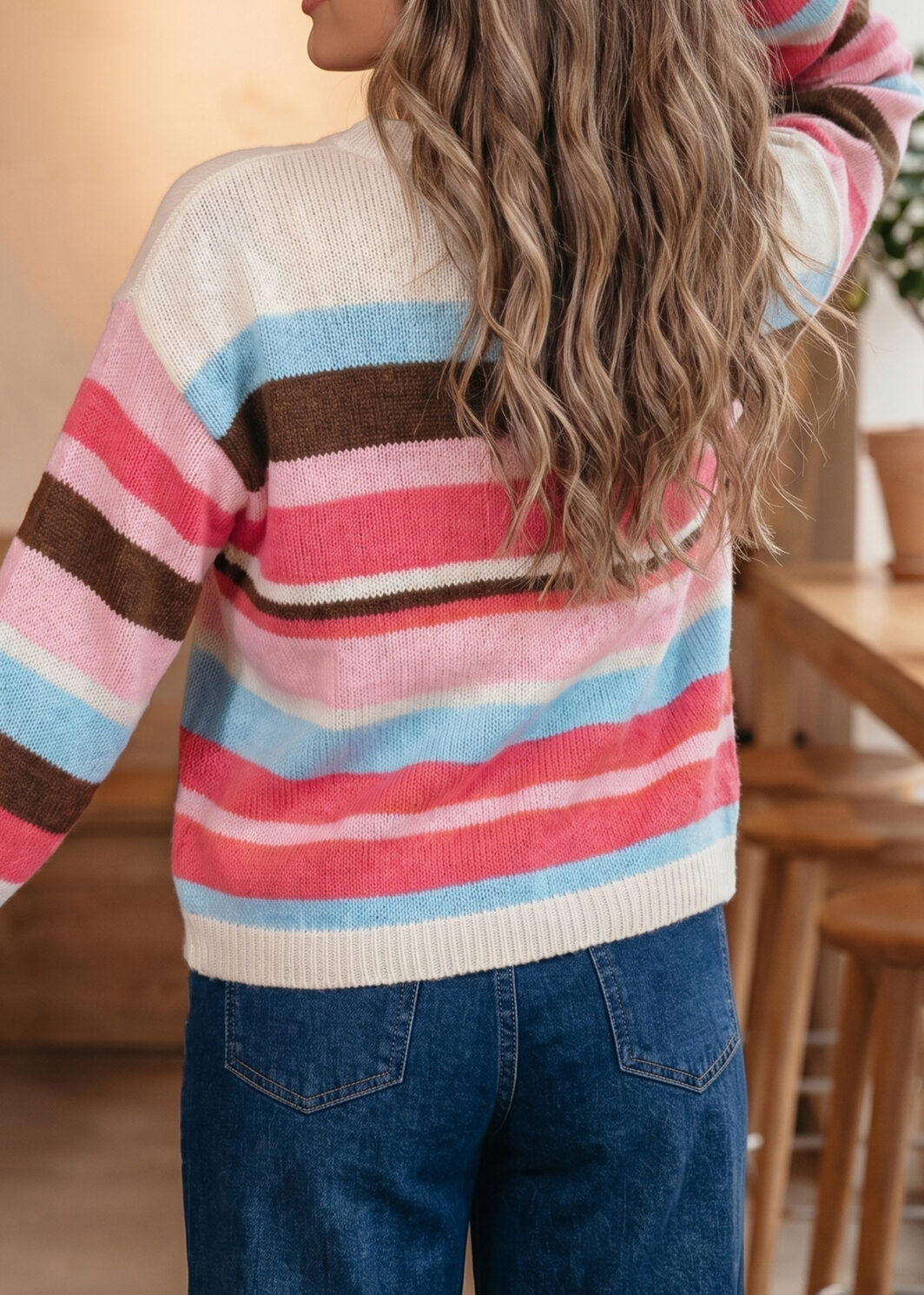 Pink Stripe Striped Colorblock Drop Shoulder Cardigan